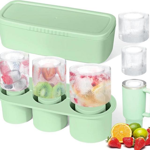 Ice Cube Tray for Tumbler Cup 30-40oz, Silicone Ice Cube Mold with Lid for Freezer, 3pcs Cylinder Ice Cube Molds BPA Free for Cocktail, Whiskey, Drinks (Green)