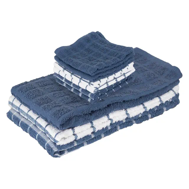 John Ritzenthaler Co. Ritz 3-Pack Terry Check Kitchen Towel Set and 6-Pack Terry Check Dish Cloth Set, Federal Blue