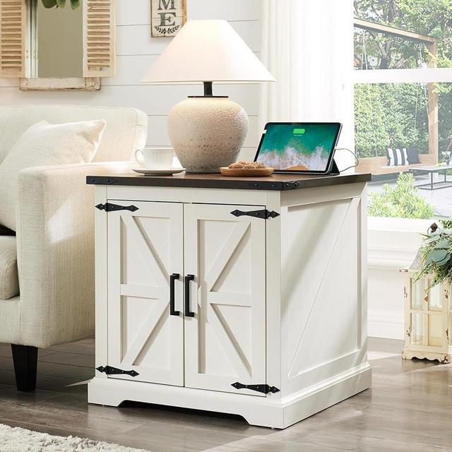 Barnyatoh Farmhouse End Table with Charging Station,24" Large Sofa Side Table with Barn Door, Rustic Wood Square Nightstand Bedside Table with Adjustable Shelf for Living Room, Bedroom,White