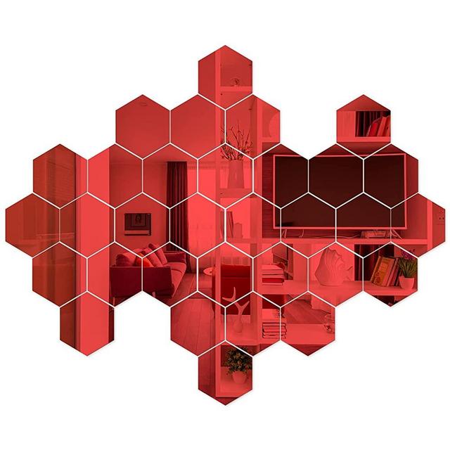 BOMAROLAN 36pcs Hexagon Mirror Wall Stickers for Home Living Room Bedroom Decor, Aesthetic Stuff for Room, Wall Decoration and Bathroom Kitchen Party Wedding Decors(Red)