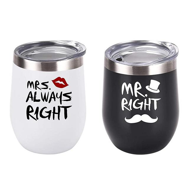 Mr. Right Mrs. Always Right Wine Tumbler Set, Wedding Engagement Gifts for Husband Wife Newlywed Couples Bride Groom Anniversary Bridal Shower, 12 Oz Stainless Steel Wine Tumbler, Black and White
