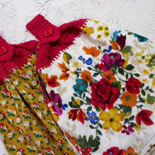 Set of 2 Double Layer Hanging Kitchen Hand Towels, Fall Flowers, Rich Colored Floral Pioneer Woman, Best Quality Crochet Top, Wedding Gift,