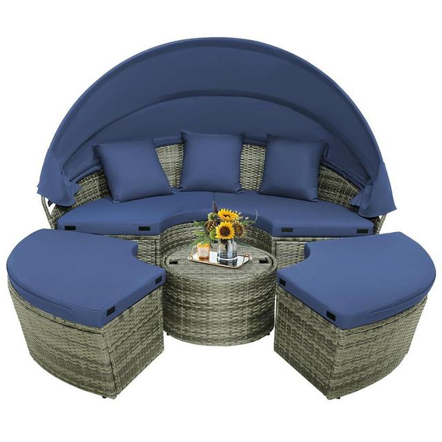 Tangkula Outdoor Round Daybed with Retractable Canopy, PE Wicker Sectional Seating Furniture with Cushions and Throw Pillows, Separates Cushioned Seats for Backyard, Poolside (Navy)