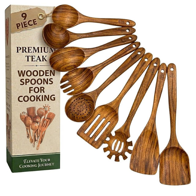 Teak Wooden Utensil Set (9-Piece) – Teak Cooking Utensils for Nonstick Cookware, Teak Wooden Spoons for Cooking & Spatula - Natural Wood Kitchen Utensils by Crafted Path