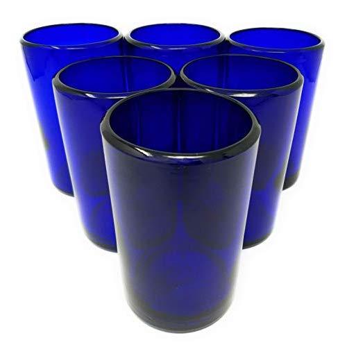 Hand Blown Mexican Drinking Glasses – Set of 6 Cobalt Water Glasses (14 oz each)