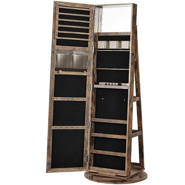 SONGMICS 360° Swivel Jewelry Cabinet, Lockable Jewelry Organizer with Full-Length Mirror, Rear Storage Shelves, Built-in Small Mirror, Jewelry Armoire, Gift Idea, Rustic Brown UJJC006X01