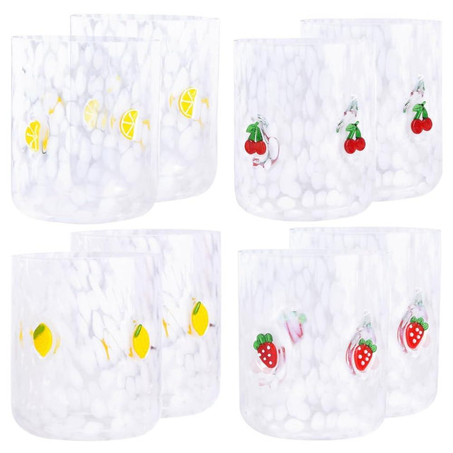 Trxvxo 8 PCS 14 Ounce Icon Juice Glasses,Anthropology Glass Cups,Juice Drinking Cups,Four Patterns,Strong and Durable Glasses Are The Great Gifts for Friends!