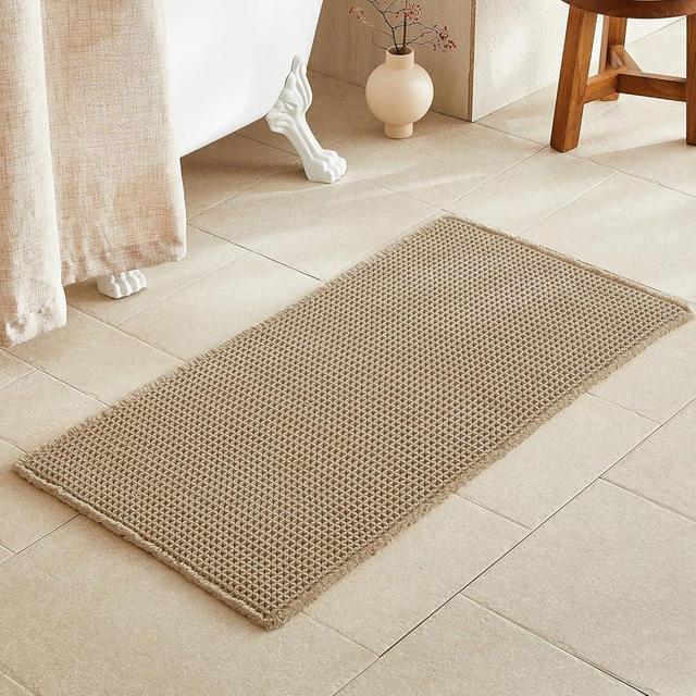 TYUU Waffle Bath Mat, Boho Bathroom Rugs Non Slip Washable Super Absorbent Quick Dry Farmhouse Bathroom Decor, 48"x24" Khaki