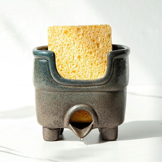 wowhalolo Ceramic Sponge Holder with Drainage, Farmhouse Sink Caddy Organizer, Self Draining Design for Sponges,Soap,Brushes, Compact Rustic Kitchen Accessory, Keeps Counter Dry（Country Blue）