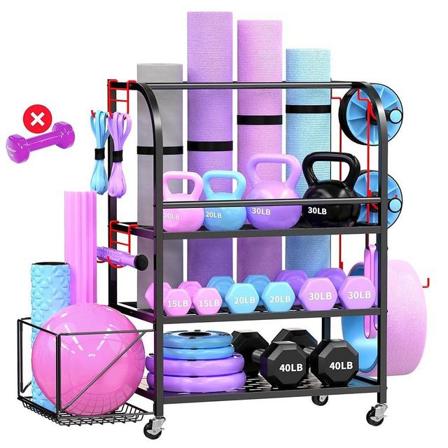 Dumbbell Rack, Weight Rack for Home Gym, 400LBS Metal Home Gym Storage with Lockable Wheels & 4 Adjustable Hooks, Weight Stand for Yoga Mat Storage, Dumbbells, Kettlebell, Foam Roller, Resistance Bands (Black)