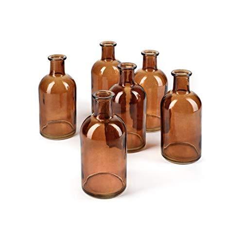 Bud Vases, Apothecary Jars, Decorative Glass Bottles, Centerpiece for Wedding Reception, Elegant Antique Decoration, Mini Flower Vases, Small Medicine Bottles for Home Decor (Amber, Set of 6)