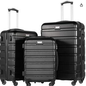 Coolife Luggage 3 Piece Set, Lightweight Durable Hardshell Suitcase set with 360° Spinner Wheels, TSA-approved Lock, Checked Family Travel Luggage sets, 20/24/28 Inch, Black