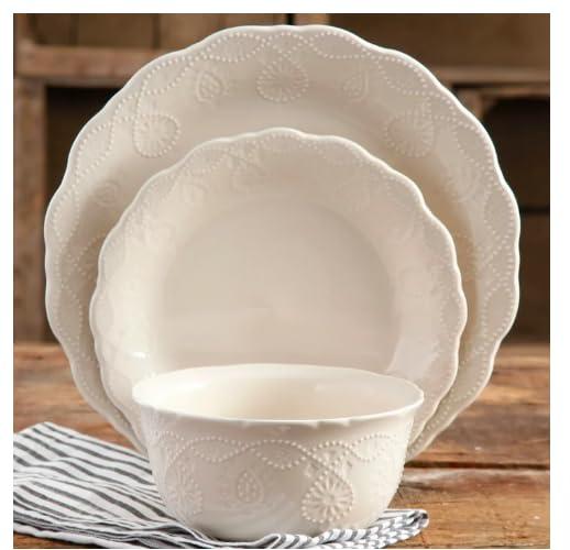 Pioneer Woman Cowgirl Lace 12-Piece Dinnerware Set – Service for 4, Durable Stoneware, Scalloped Edges, Dishwasher & Microwave Safe (White)