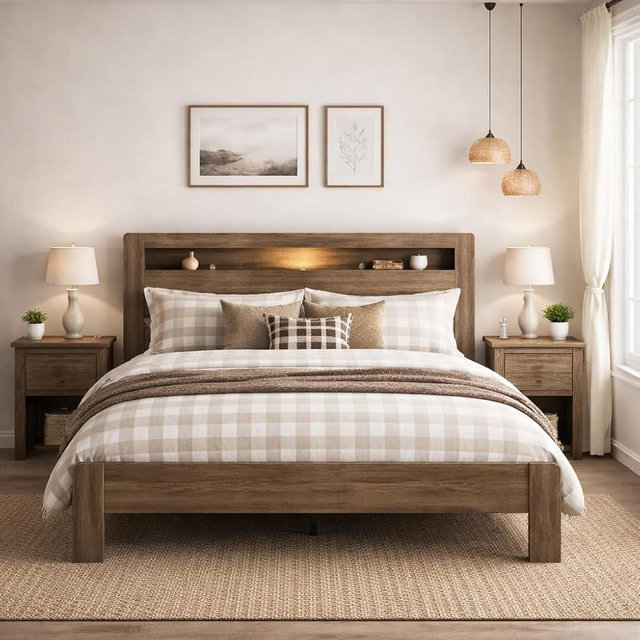 SAMTRA Wooden Bed Frame King Size with Storage Headboard - Farmhouse Platform Bed Frame with Bookcase Shelf & Led Lights, Sturdy Wood Slat Framework Bed Frame (Light Brown LED)