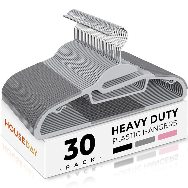 HOUSE DAY Grey Plastic Hangers 30 Pack, Slim Space Saving, Non Slip Clothes Hangers with Rubber Pads, Sturdy Heavy Duty Coat Hanger for Closet, S-Shaped Hanger for Shirt, Suit, Pant, Skirt