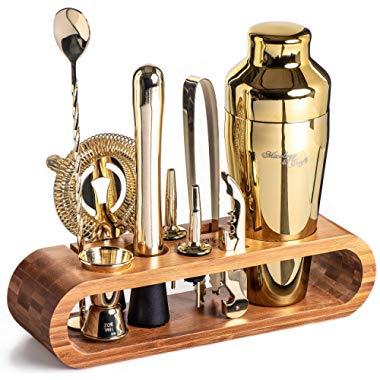 Mixology Bartender Kit: 10-Piece Gold Bar Set Cocktail Shaker Set with Stylish Bamboo Stand | Perfect Home Bartending Kit with Gold Bar Tools and Martini Shaker for Foolproof Drink Mixing