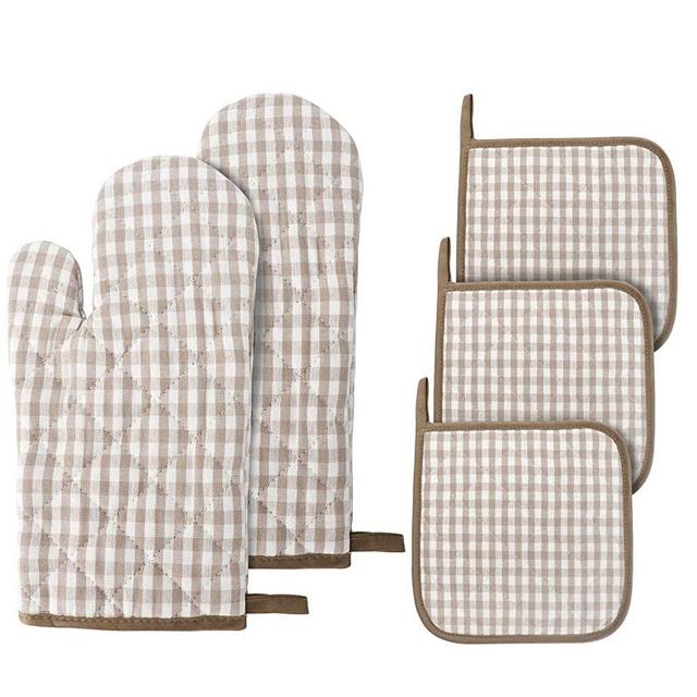 Jennice House Oven Mitts and Pot Holders, 5 pcs Heat Resistant Cotton Vintage Gingham Oven Mitts and Potholders Hot Pads Mats Coasters Set for Cooking Baking (Light Brown Set)