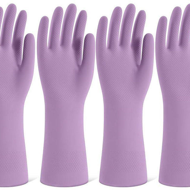 Rubber Cleaning Gloves for Dishwashing, 4 Pairs Reusable Kitchen Gloves for Washing Dishes and Household Cleaning, Purple Dish Gloves with Flocked Lining and Non-Slip Grip, Pefect for Woman Men - M