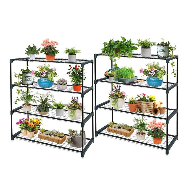 EAGLE PEAK Greenhouse Shelving Staging Double 4 Tier, Outdoor / Indoor Plant Shelves, 35"x12"x42", Green