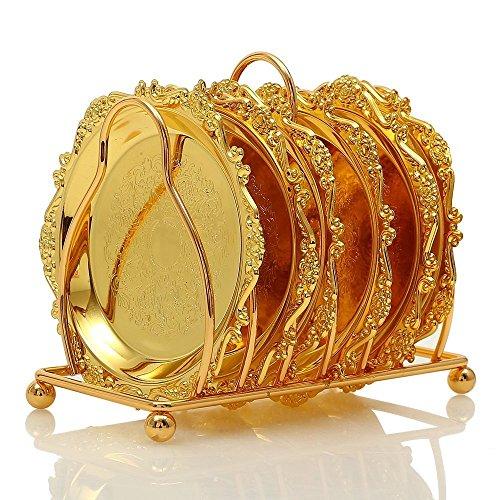 SMKF Collection 6 Piece Coaster Creative Drink Coasters With Decorative Rack Non-Slip Metal Cup Mats Tabletop Display With Holder for Bar,Home, Kitchen,Coffee Table Centerpieces Decoration (Golden)