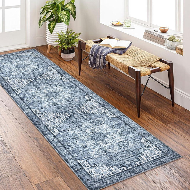 Siiloom 2x8 Blue Runner for Hallways, Non-Slip Washable Kitchen Runner, Vintage Boho Runner Rug with Non-Shedding, Soft Distressed Medallion Floor Carpet Runner for Laundry Bedroom Bathroom Entryway