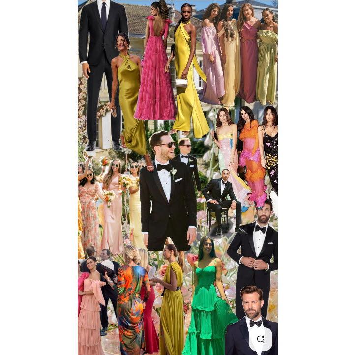 Examples of men and women's black tie optional attire for the wedding.