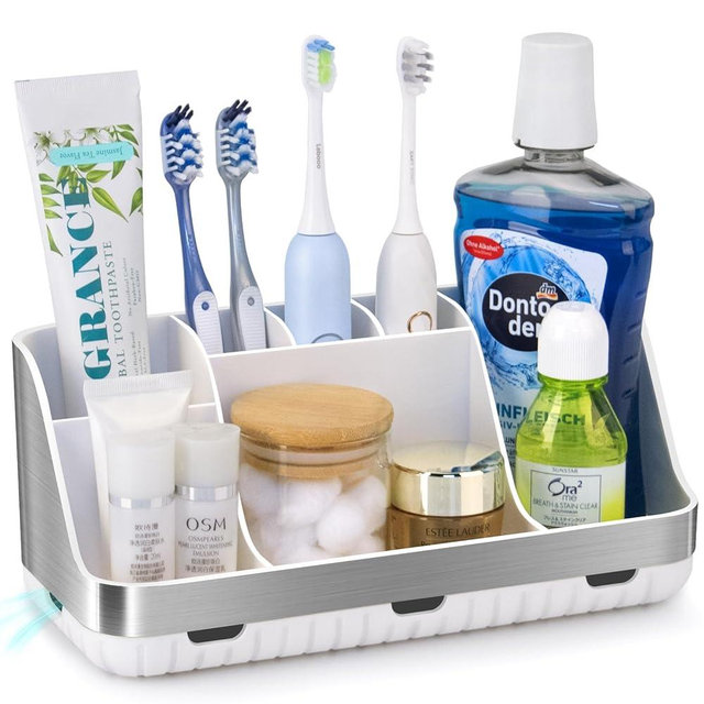 GFWARE Toothbrush Holders for Bathrooms Countertop Organizer - Kids Electric Toothbrush and Toothpaste Holder Detachable 7 Slots Tooth Brush Organization Bathroom Accessories Storage Vanity, Silver