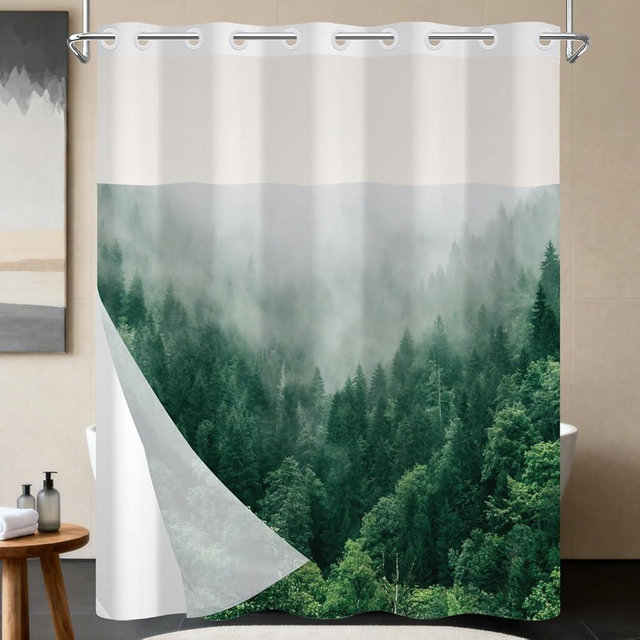 NAEMBCU No Hook Mistry Forest Shower Curtain with Snap in Fabric Liner 71x74 Inch, Green Nature Woodland, Waterproof Pine Tree Bath Curtain with See Through Top Window