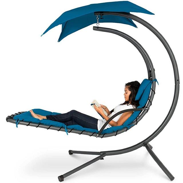 Best Choice Products Outdoor Hanging Curved Steel Chaise Lounge Chair Swing w/Built-in Pillow and Removable Canopy - Peacock Blue