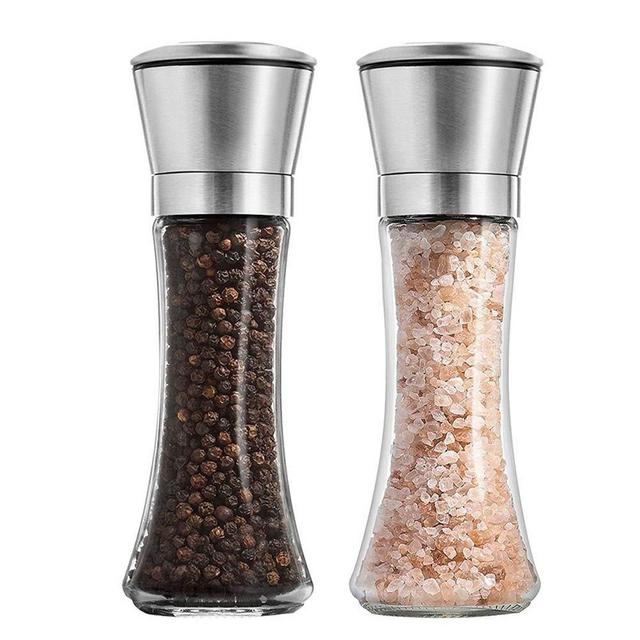 Salt and Pepper Shakers Grinders Set Refillable Stainless Steel,Adjustable Coarseness Mills Glass Material to Refill Sea Salt,Small Peppercorn,Black Pepper,Fits in Home,Kitchen,Barbecue,Party
