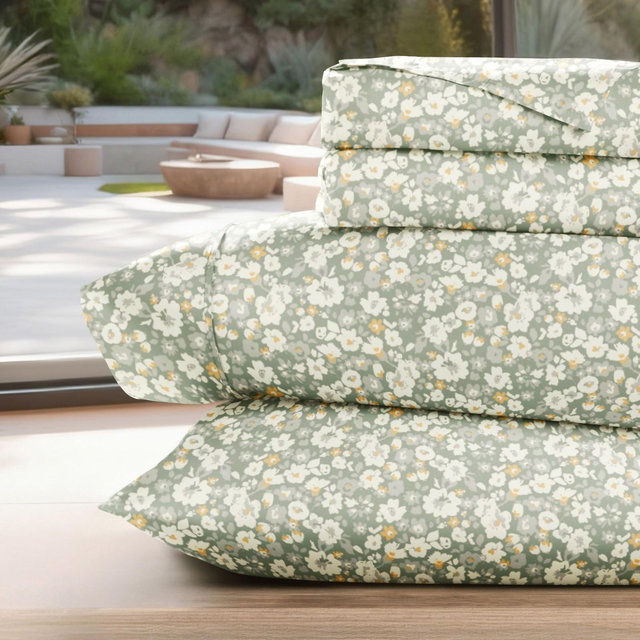 Delicate Blossoms Floral Patterned Ultra-Soft 4 Piece Bed Sheet Set - Becky Cameron, Floral Dream Eucalyptus, Full