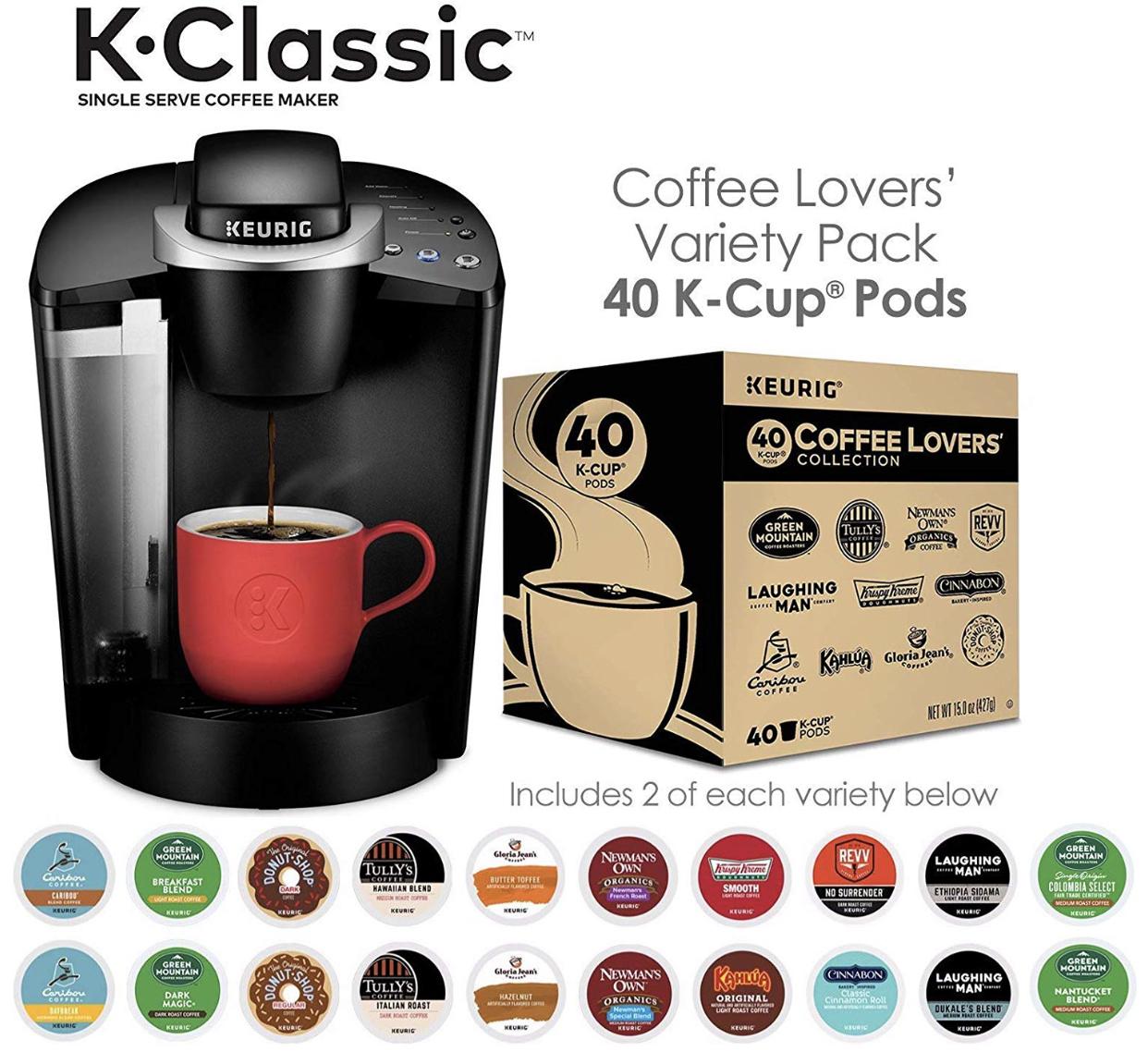 Keurig K-Classic Coffee Maker with Coffee Lover's 40 ct K-Cup Pods Variety Pack, Black