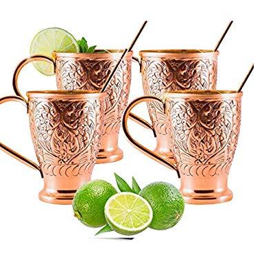 Moscow Mule Pure Copper Cups - Stunning Embossed Set of 4 Copper Mugs - Bonus Straws/Stir Sticks/Recipes- Kamojo Exclusive (Gift Set of 4)