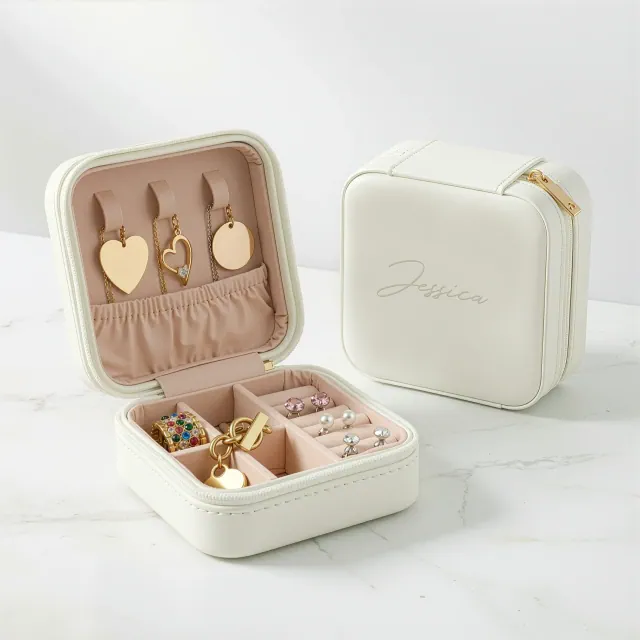 Personalized Small Square White Vegan Leather Travel Jewelry Case - Script