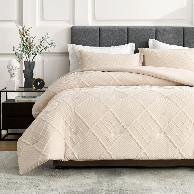 Soft Jacquard Comforter Set, Cozy All Season Bedding with Elegant Windowpane Texture-Amelie Home