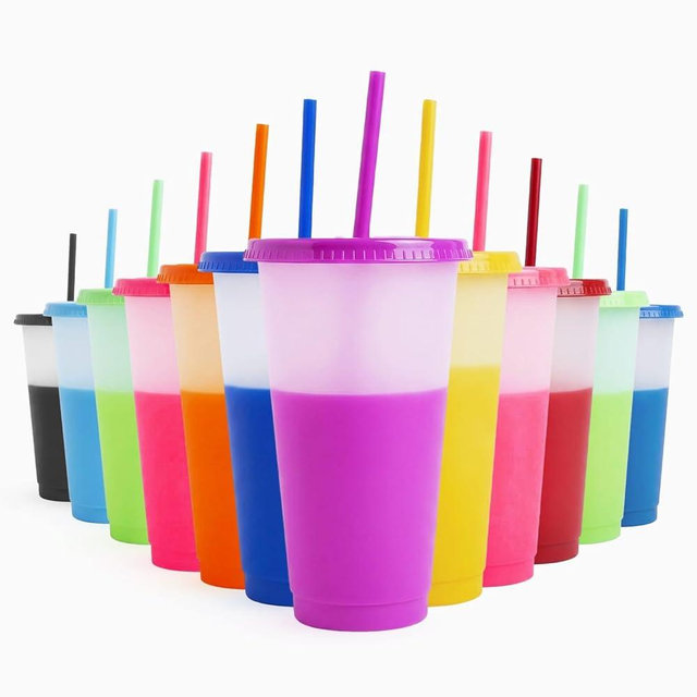 VASOLERIA Color Changing Cups with Lids and Straws 12pcs, 24Oz - Reusable Cups with Lids in 12 Multicolors - Perfect for Cold Coffee, Smoothie etc.