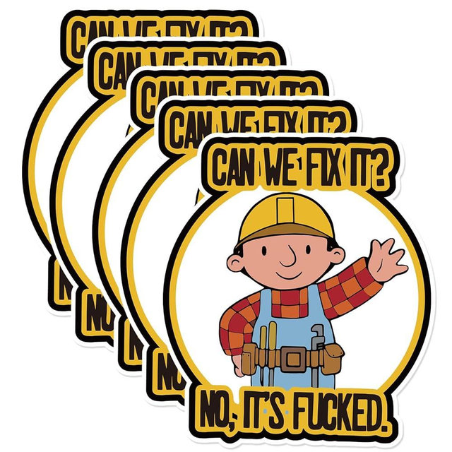 XMJY 5 Pack Funny Hardhat Stickers - Can We Fix It? No, It's Fucked, Cute Cartoon Hard Hat Stickers for Builder, Waterproof Vinyl Stickers for Tool Box, Helmet (3 inch)