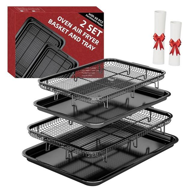 Air Fryer Basket for Oven, 2 Set Air Fryer Basket and Tray Set with 60 Sheets Parchment Papers,THORSES Stainless Steel NonStick Air Fryer Pan and Crisper Tray-Black Large15.7“×11.6” & Medium12.8"×8.9"