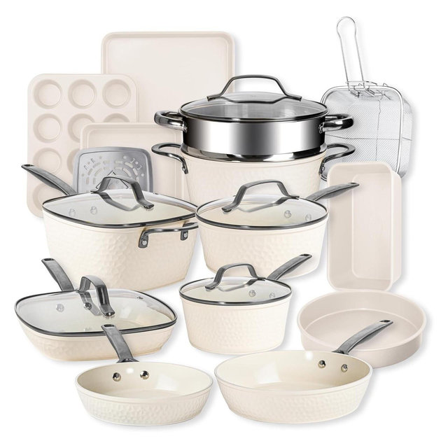 Gotham Steel Pro Hammered Pots and Pans Cream 20 Piece Ceramic Nonstick Induction Cookware and Bakeware Set