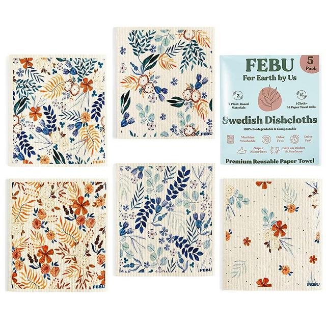 FEBU Swedish Dishcloths for Kitchen | 5 Pack Fresh Flowers Reusable Paper Towels | Cellulose Sponge Cloths | Non Scratch Swedish Dish Towels | Odorless, Biodegradable Dish Rags