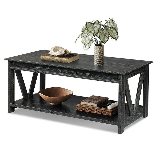 WLIVE Farmhouse Coffee Table,Living Room Table with Storage,43 in Wood Center Table with V-Shaped Frame for Home Office,Apartment,Charcoal Black