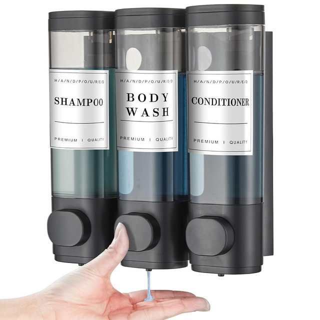 3 Chamber Wall-Mounted Shampoo and Conditioner Dispenser for Shower - No Drill, Large Capacity Soap Dispenser for Bathroom and Hotel, Black