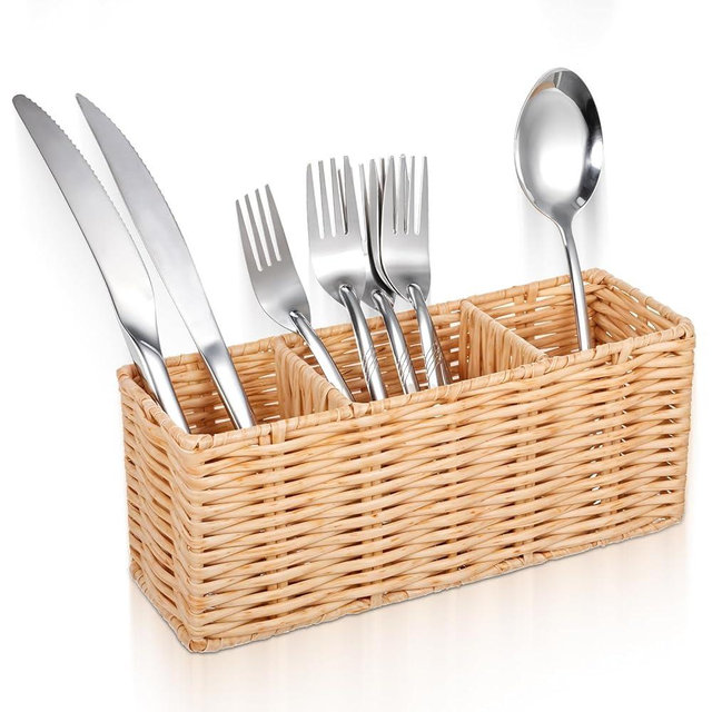 Ptwola Wicker Flatware Silverware Caddies Woven Kitchen Cutlery Organizer Utensil Holder Party Condiment Storage Carrier Basket for Table Countertop Holds Forks Knives Spoons Napkins