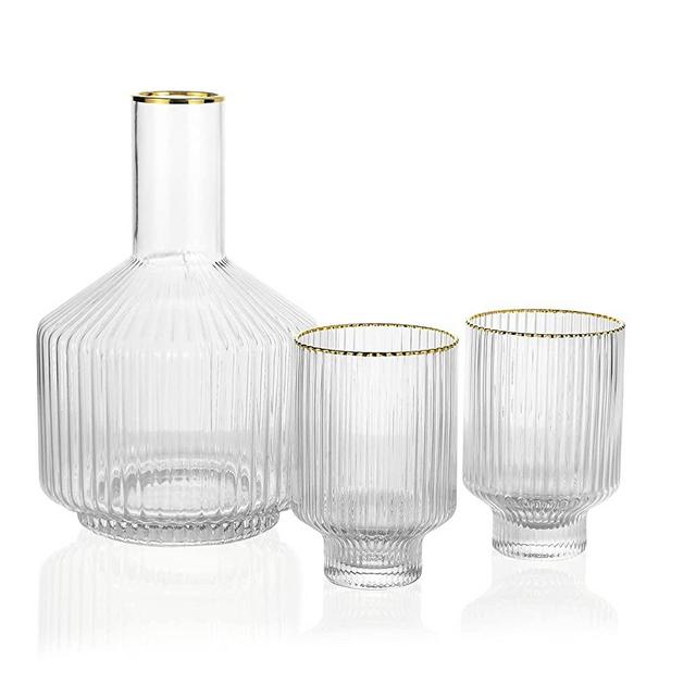 1500 C Tabletop Tiara Optic Swirl Bedside Carafe and Two Tumblers, Jug 59 oz Tumbler 12.5 oz, Gold Rim Drinkware Set