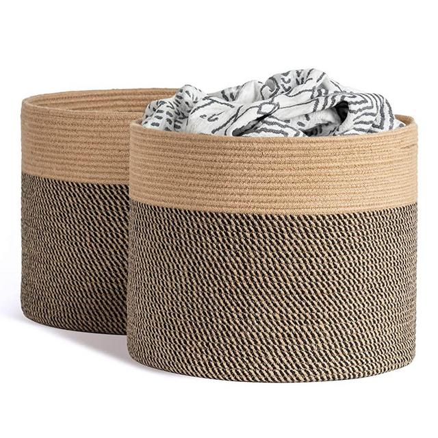Goodpick 2pack Large Woven Laundry Baskets Wicker Storage Basket for Shoes Jute Basket Boho Toy Basket Yoga Mat Storage Round Storage Bin Black & Jute
