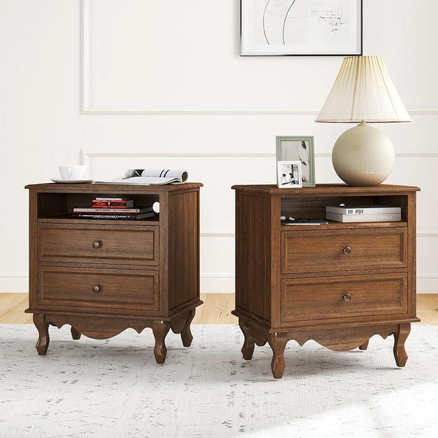 Cuzobro Solid Wood Nightstands Set of 2, Fully Assembled Night Stand with 2 Drawer & Open Shelf Storage, Bedside Table with Charging Station, Mid-Century Modern End Table for Bedroom, Walnut