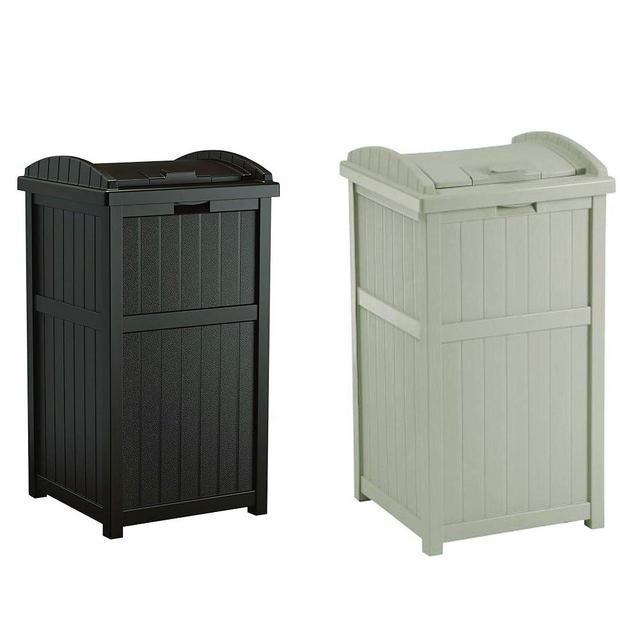 Suncast Trash Hideaway Outdoor Patio 33 Gallon Trash Can Bin, 1 Java and 1 Taupe