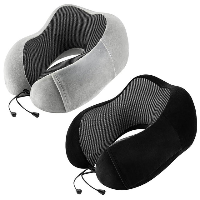 urnexttour Neck Pillow Airplane-2 Pack Memory Foam Travel Pillow, Soft Support Travel Neck Pillow for Travelling, Sleeping Rest, Car, Train and Home Use (Black&Grey)
