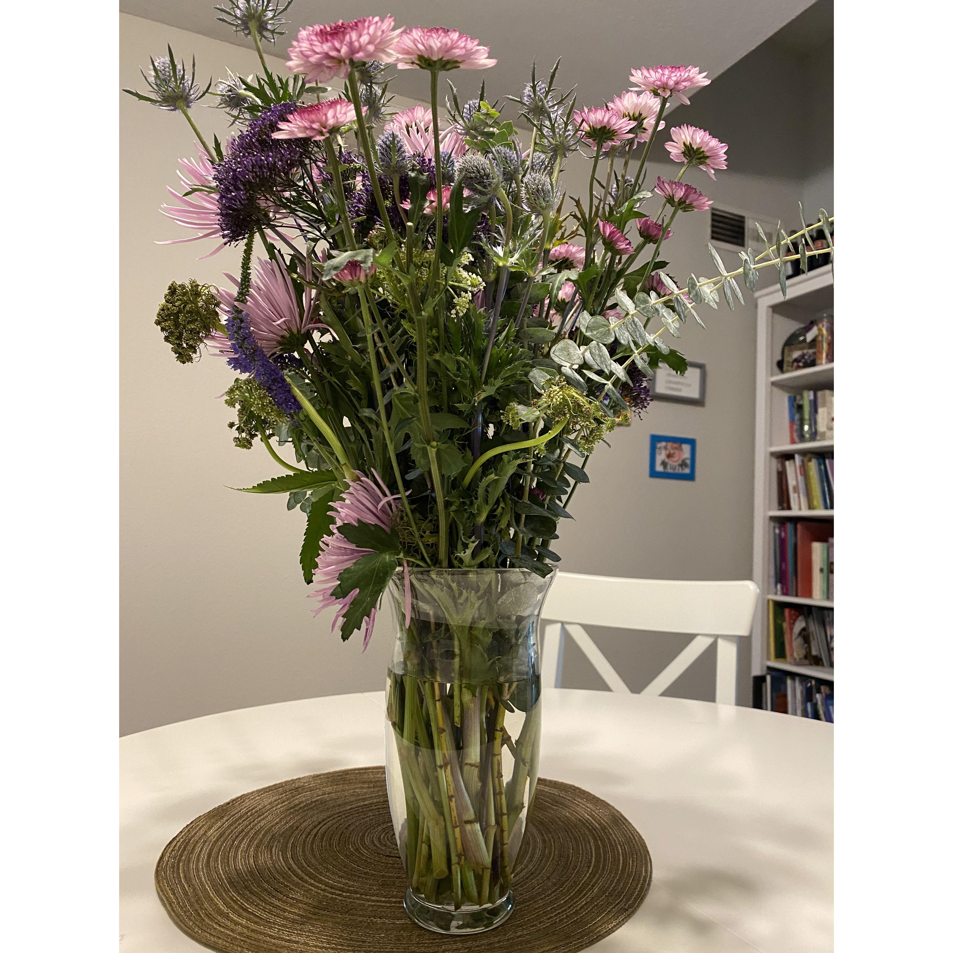 a beautiful bouquet and gift cards from the Rice Friends Forever group