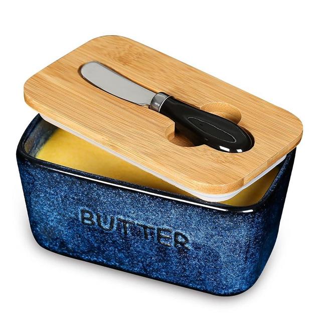 Ceramic Butter Dish Keeper Container - Vicrays Porcelain Airtight Lid Butter Container with Knife for Countertop - Large Butter Keeper Crock for West or East Coast Butter - Blue